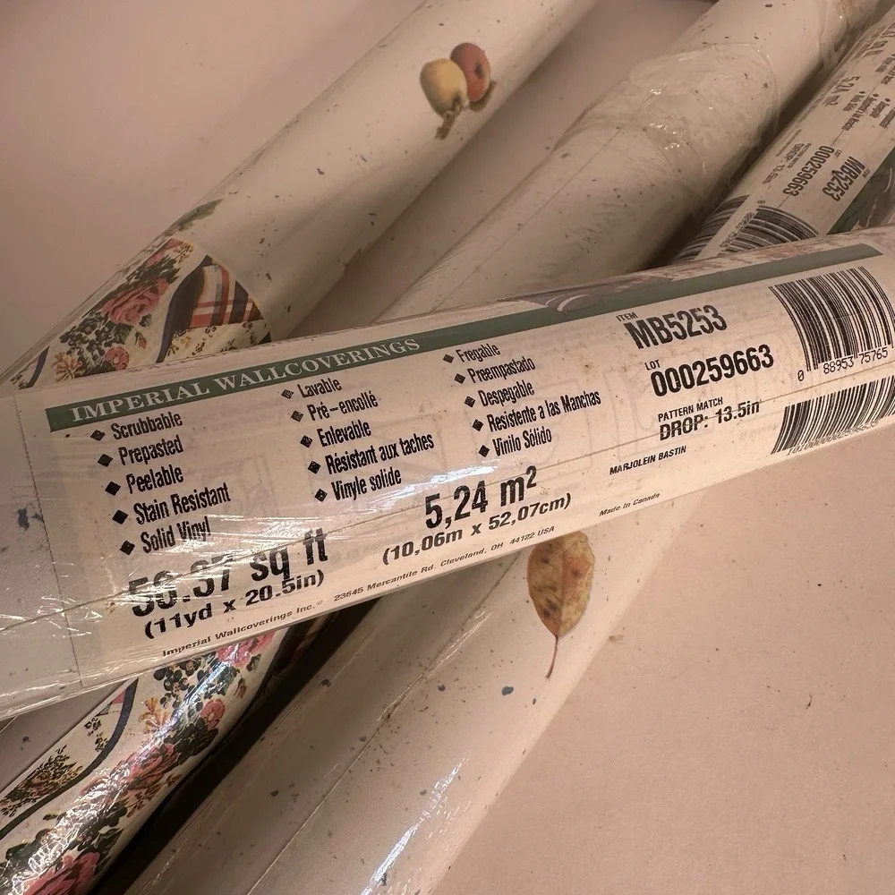 Imperial Wallpaper Vintage 5 DBL Rolls Prepasted‎ Fruit On Beige&White 000259663